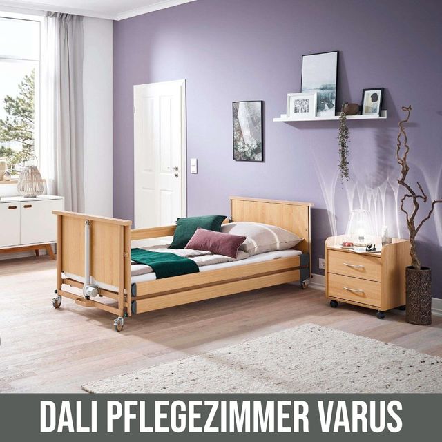 Komplett-Set = Dali Pflegezimmer Varus SingleCare, 4-teiliges Pflegezimmer mit elektrischem Pflegebett, Nachttisch mit Schubladen, Pflegematratze + Pflegekissen (#1236279)