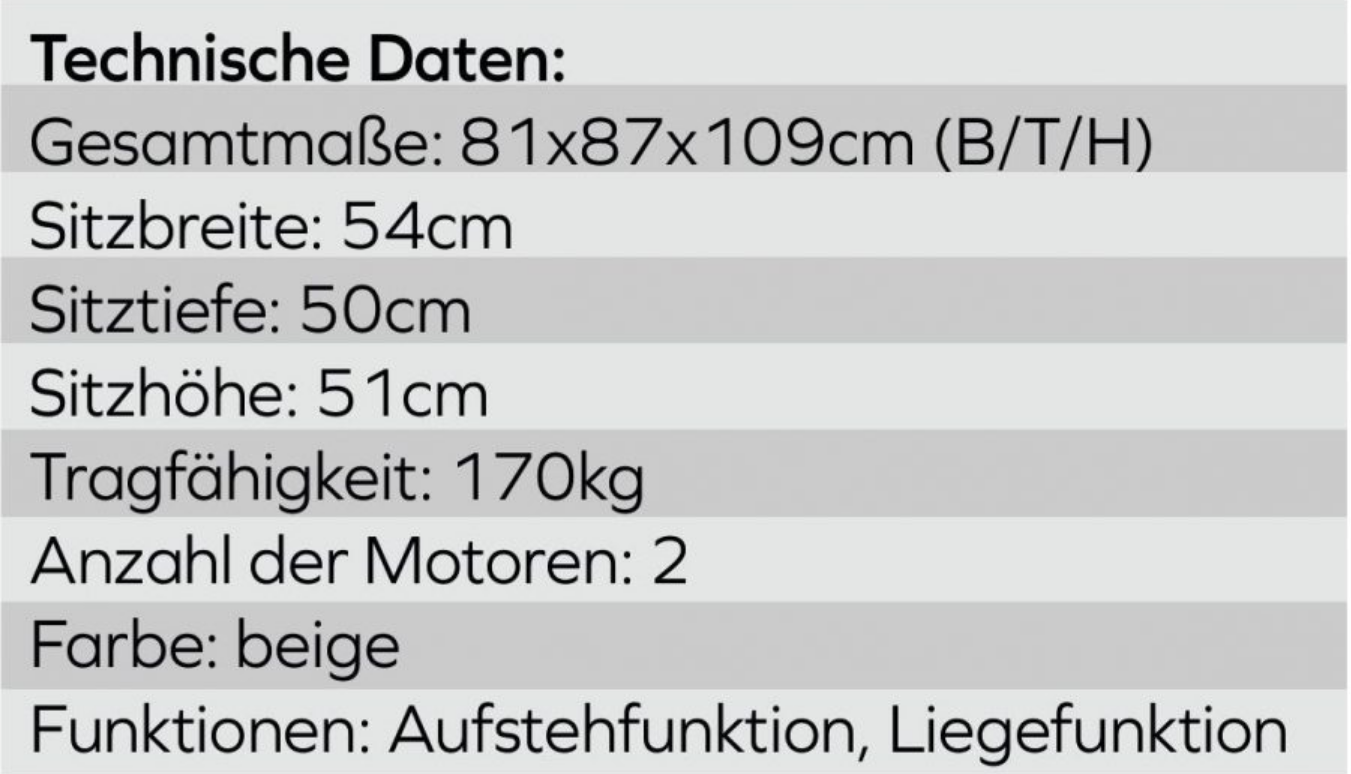 Technische Daten Aufstehsessel Comfort 