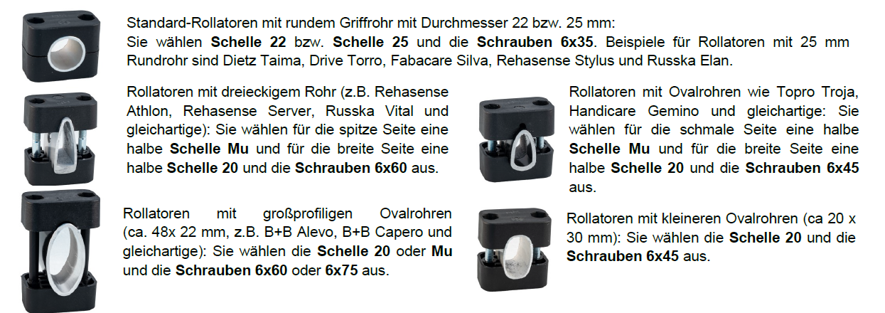 Halterungen versch. Rohre Rollatoren