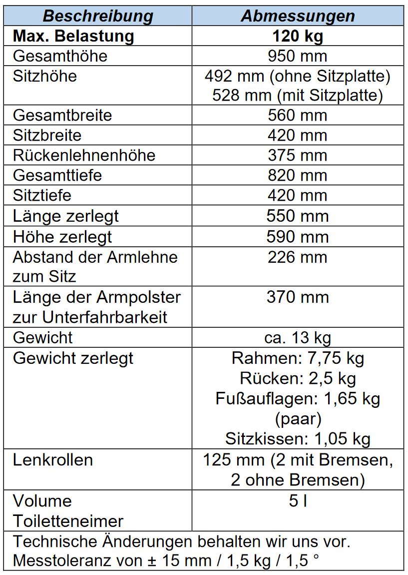 Technische daten Vermeiren 139E Toilettenstuhl 