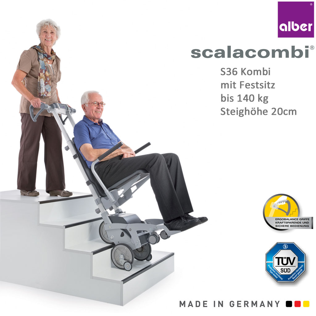 Alber Scalacombi S36 Treppensteiger, Alber iQ Scalamobil-Konzept mit fester  Sitzeinheit, fertig vormontiert & fahrbereit, bis 140 kg, bis 20cm  Steighöhe (#1891), Burbach + Goetz