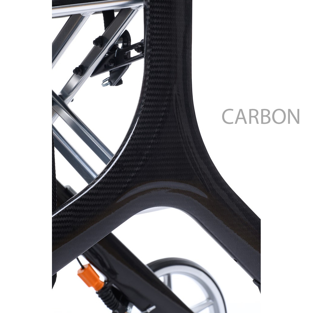 Rollator Carbon F1 mit Echt-Leder Sitz und Einkaufstasche, Größe M, inkl.  Rückengurt, faltbar, Designräder, bis 130 kg belastbar, nur 5,9kg (ohne  Zubehör), Burbach + Goetz